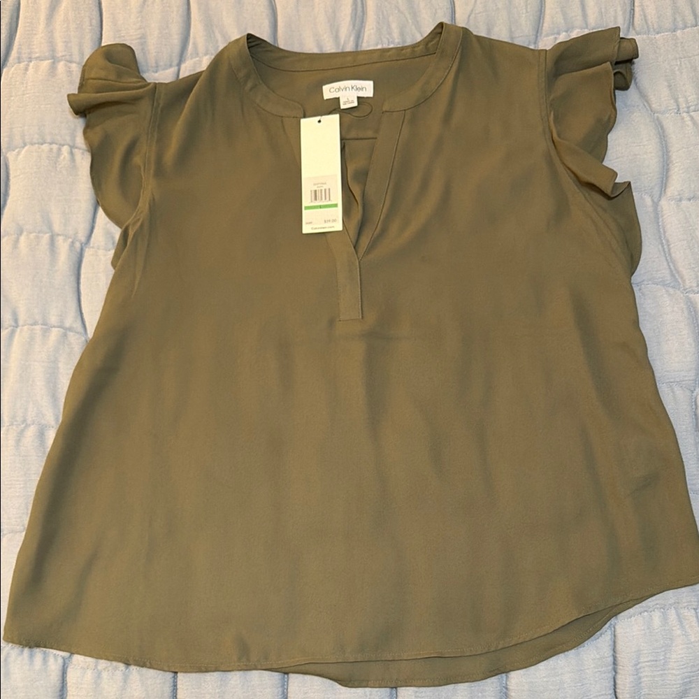 Calvin Klein Olive Green Ruffled Sleeve Blouse
